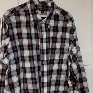 George Button Down Long Sleeve Shirt.  Size XL 46-48 Navy Blue And White.  Plaid